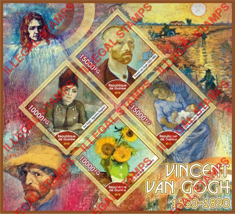 Guinea Republic 2018 Paintings by Vincent van Gogh Illegal Stamp Souvenir Sheet of 4 Guinea Republic 2018 Paintings by Vincent van Gogh Illegal Stamp Souvenir Sheet of 4