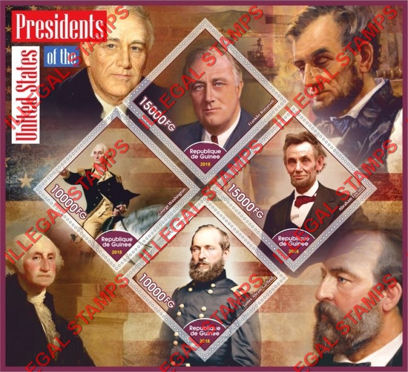 Guinea Republic 2018 Presidents of the United States Illegal Stamp Souvenir Sheet of 4 Guinea Republic 2018 Presidents of the United States Illegal Stamp Souvenir Sheet of 4