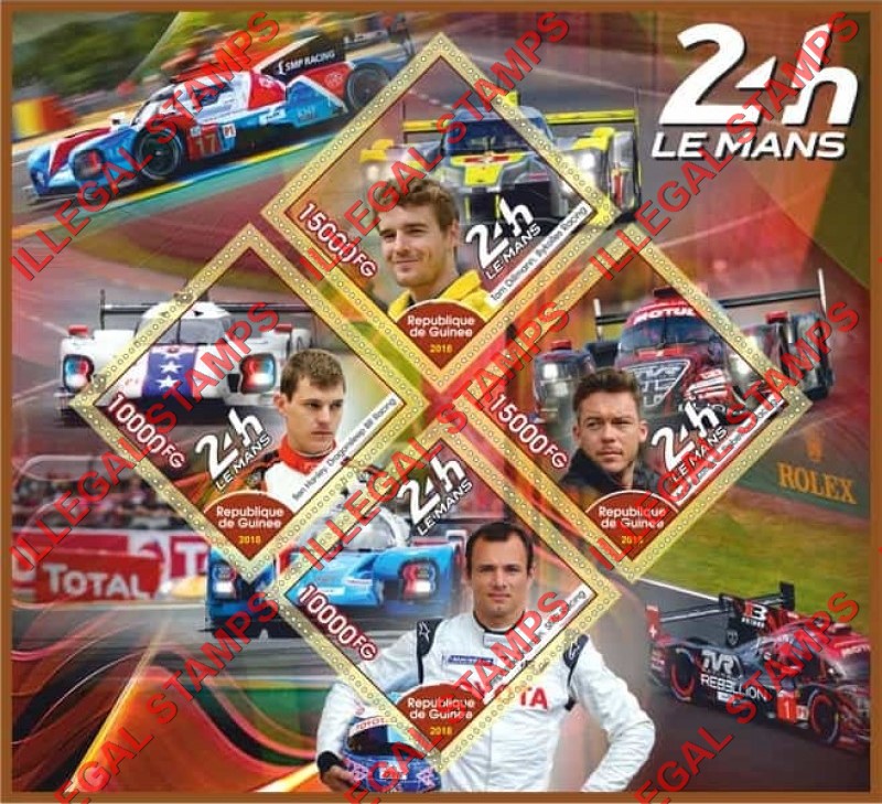 Guinea Republic 2018 Race Car Drivers 24h Le Mans Illegal Stamp Souvenir Sheet of 4 Guinea Republic 2018 Race Car Drivers 24h Le Mans Illegal Stamp Souvenir Sheet of 4