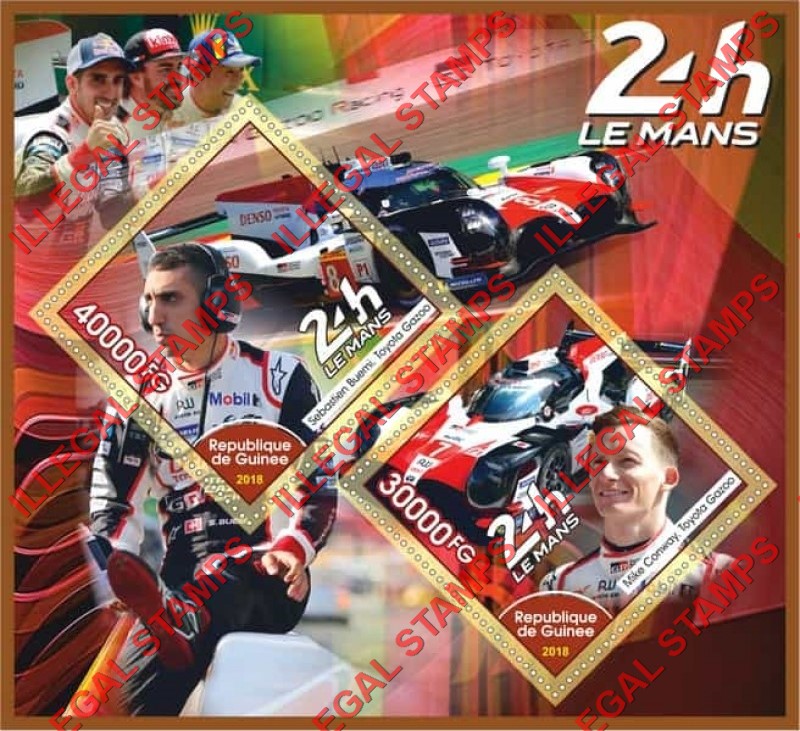 Guinea Republic 2018 Race Car Drivers 24h Le Mans Illegal Stamp Souvenir Sheet of 2 Guinea Republic 2018 Race Car Drivers 24h Le Mans Illegal Stamp Souvenir Sheet of 2