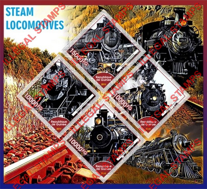 Guinea Republic 2018 Steam Locomotives Illegal Stamp Souvenir Sheet of 4 Guinea Republic 2018 Steam Locomotives Illegal Stamp Souvenir Sheet of 4