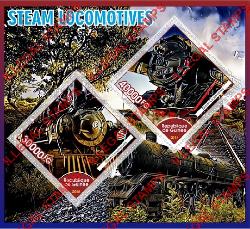 Guinea Republic 2018 Steam Locomotives Illegal Stamp Souvenir Sheet of 2 Guinea Republic 2018 Steam Locomotives Illegal Stamp Souvenir Sheet of 2