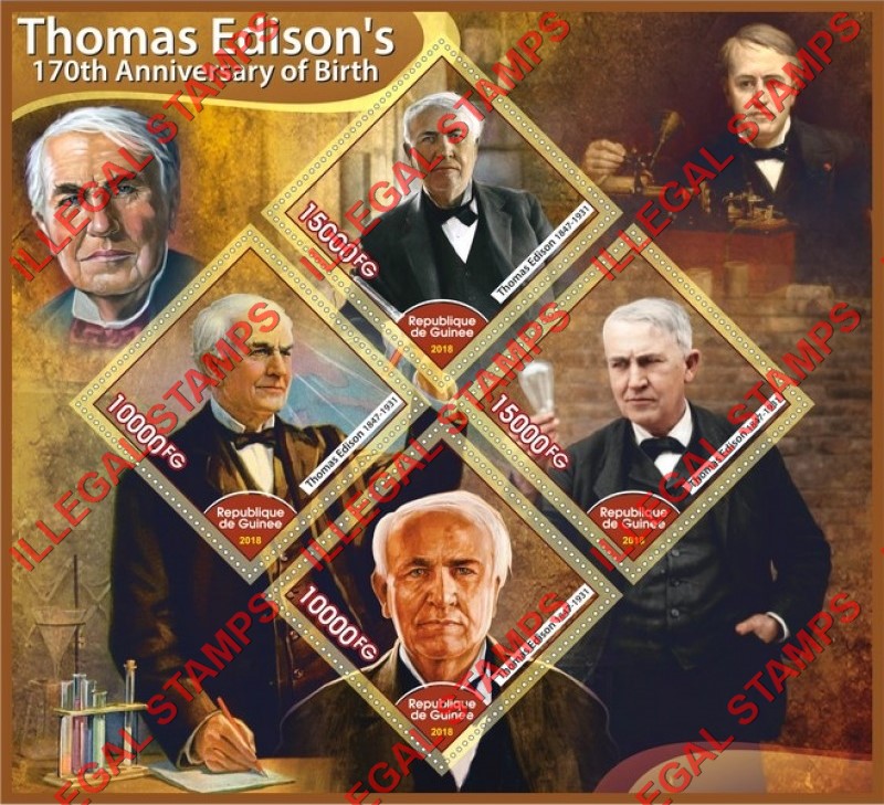 Guinea Republic 2018 Thomas Edison Illegal Stamp Souvenir Sheet of 4 Guinea Republic 2018 Thomas Edison Illegal Stamp Souvenir Sheet of 4