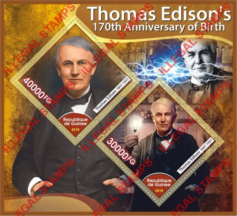 Guinea Republic 2018 Thomas Edison Illegal Stamp Souvenir Sheet of 2 Guinea Republic 2018 Thomas Edison Illegal Stamp Souvenir Sheet of 2