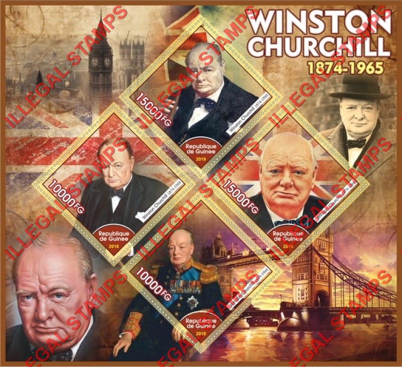 Guinea Republic 2018 Winston Churchill (different) Illegal Stamp Souvenir Sheet of 4 Guinea Republic 2018 Winston Churchill (different) Illegal Stamp Souvenir Sheet of 4