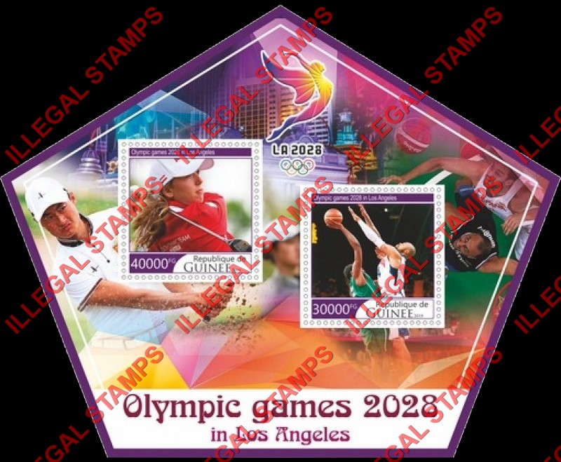 Guinea Republic 2019 Olympic Games in Los Angeles in 2028 (different) Illegal Stamp Souvenir Sheet of 2 Guinea Republic 2019 Olympic Games in Los Angeles in 2028 (different) Illegal Stamp Souvenir Sheet of 2
