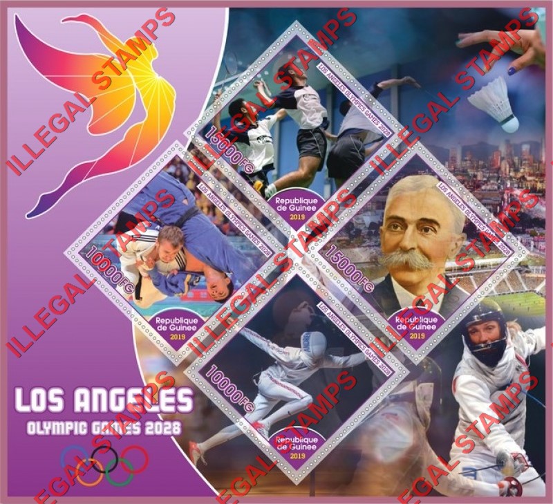 Guinea Republic 2019 Olympic Games in Los Angeles in 2028 Illegal Stamp Souvenir Sheet of 4 Guinea Republic 2019 Olympic Games in Los Angeles in 2028 Illegal Stamp Souvenir Sheet of 4