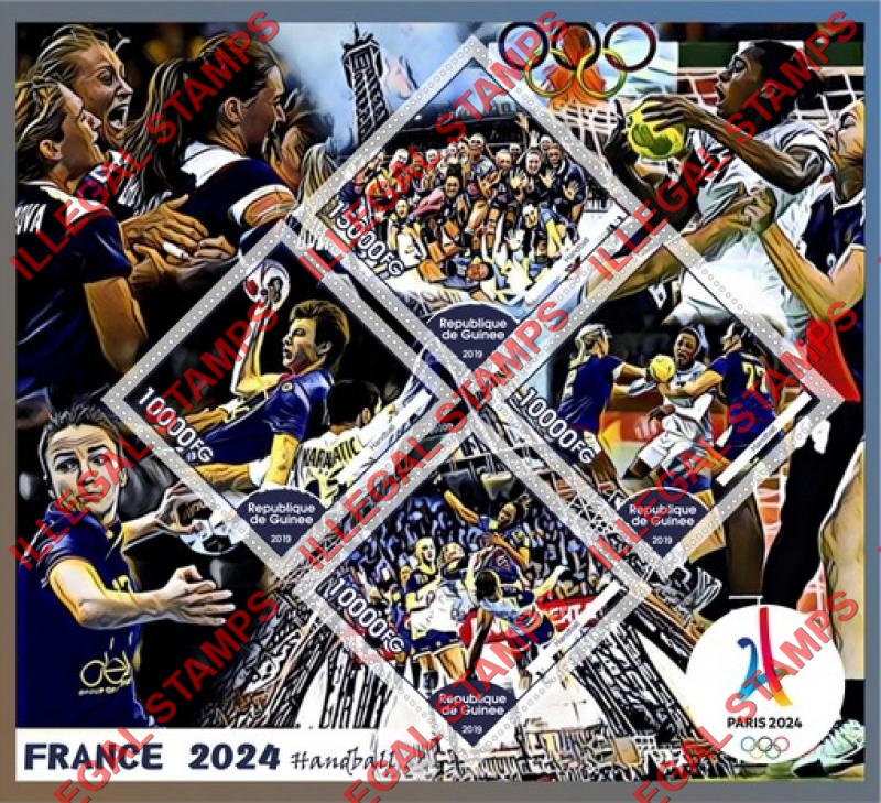 Guinea Republic 2019 Olympic Games in Paris in 2024 Handball Illegal Stamp Souvenir Sheet of 4 Guinea Republic 2019 Olympic Games in Paris in 2024 Handball Illegal Stamp Souvenir Sheet of 4