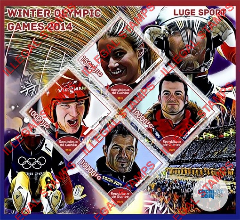 Guinea Republic 2019 Olympic Games in Sochi in 2014 Luge Sport Illegal Stamp Souvenir Sheet of 4 Guinea Republic 2019 Olympic Games in Sochi in 2014 Luge Sport Illegal Stamp Souvenir Sheet of 4