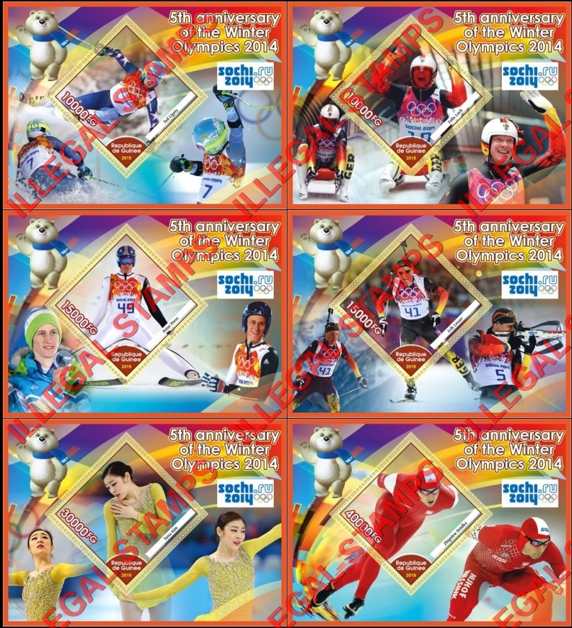 Guinea Republic 2019 Olympic Games in Sochi in 2014 Illegal Stamp Souvenir Sheets of 1 Guinea Republic 2019 Olympic Games in Sochi in 2014 Illegal Stamp Souvenir Sheets of 1