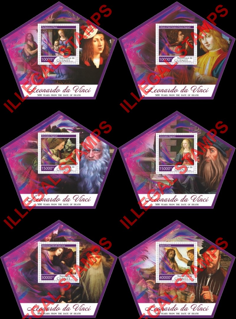 Guinea Republic 2019 Paintings by Leonardo da Vinci (different) Illegal Stamp Souvenir Sheets of 1 Guinea Republic 2019 Paintings by Leonardo da Vinci (different) Illegal Stamp Souvenir Sheets of 1