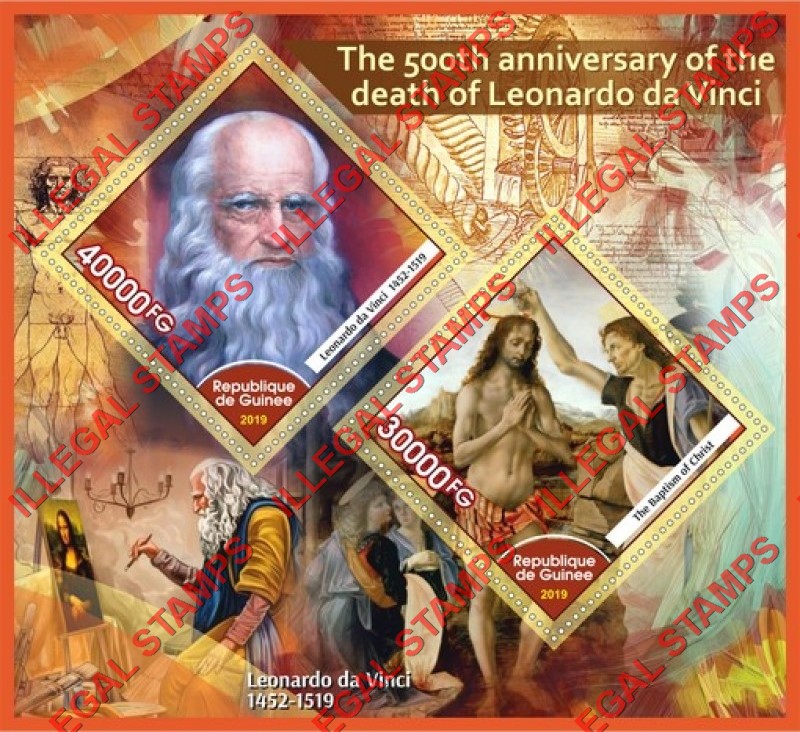 Guinea Republic 2019 Paintings by Leonardo da Vinci Illegal Stamp Souvenir Sheet of 2 Guinea Republic 2019 Paintings by Leonardo da Vinci Illegal Stamp Souvenir Sheet of 2