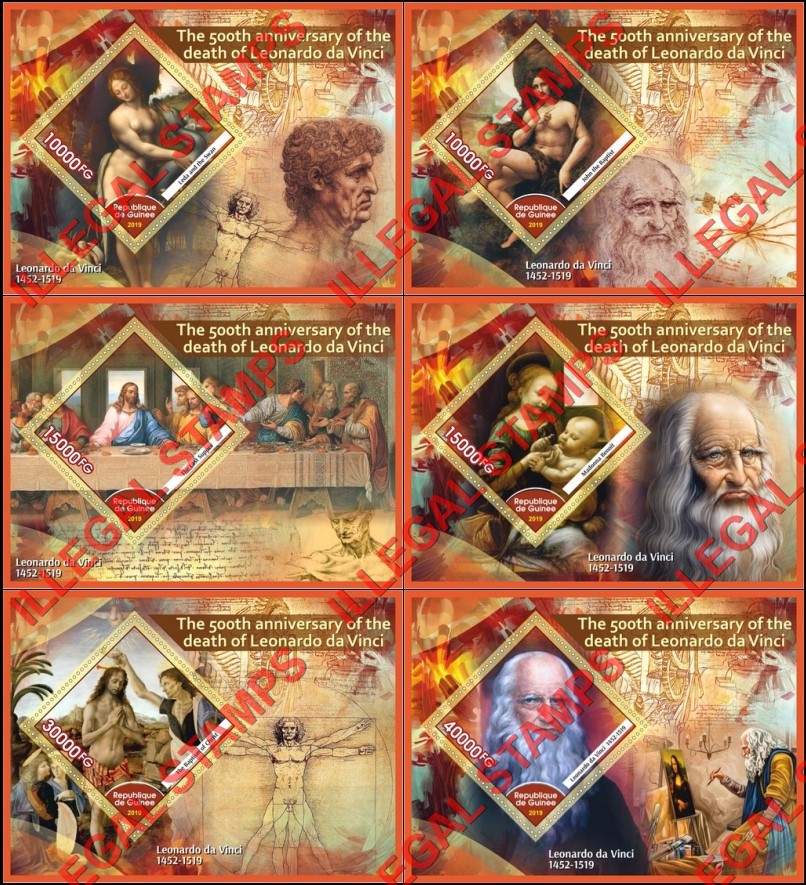 Guinea Republic 2019 Paintings by Leonardo da Vinci Illegal Stamp Souvenir Sheets of 1 Guinea Republic 2019 Paintings by Leonardo da Vinci Illegal Stamp Souvenir Sheets of 1