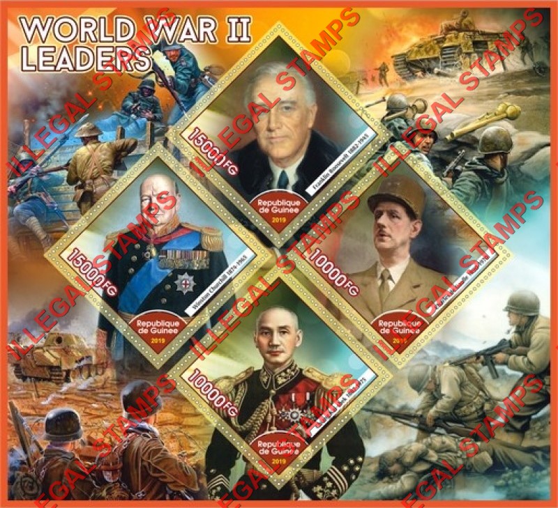 Guinea Republic 2019 World War II Leaders Illegal Stamp Souvenir Sheet of 4 Guinea Republic 2019 World War II Leaders Illegal Stamp Souvenir Sheet of 4