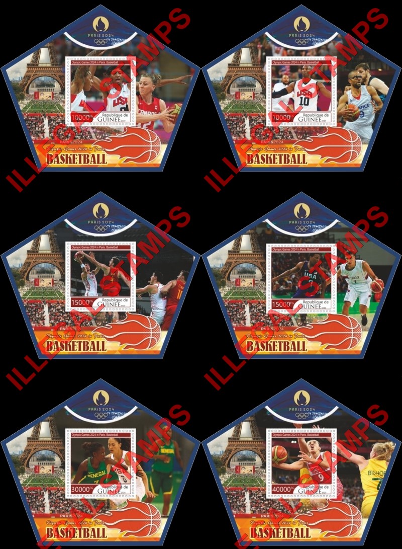 Guinea Republic 2020 Olympic Games in Paris in 2024 Basketball Illegal Stamp Souvenir Sheets of 1