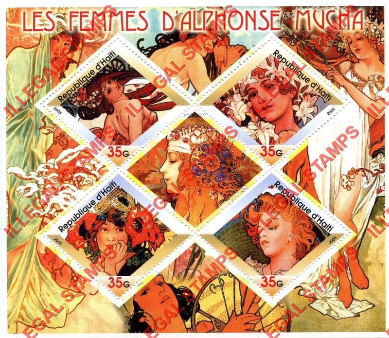 Haiti 2005 Alphonse Mucha Paintings of Women Illegal Stamp Souvenir Sheet of 4 Plus Label Haiti 2005 Alphonse Mucha Paintings of Women Illegal Stamp Souvenir Sheet of 4 Plus Label