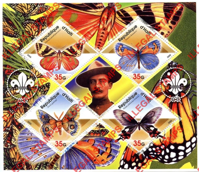 Haiti 2005 Butterflies Scouts Logo's Illegal Stamp Souvenir Sheet of 4 Plus Baden Powell Label Haiti 2005 Butterflies Scouts Logo's Illegal Stamp Souvenir Sheet of 4 Plus Baden Powell Label