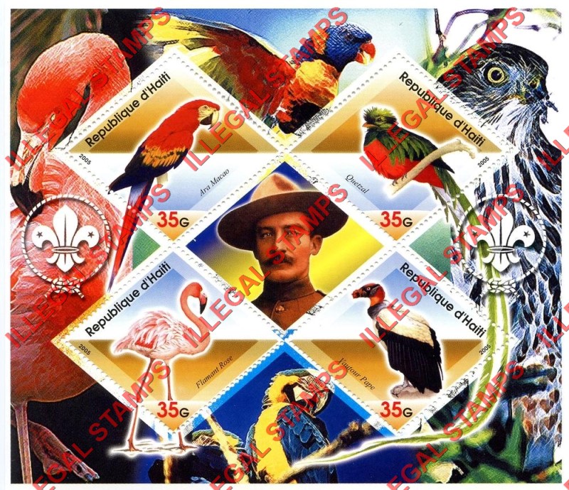 Haiti 2005 Exotic Birds Scouts Logo's Illegal Stamp Souvenir Sheet of 4 Plus Baden Powell Label Haiti 2005 Exotic Birds Scouts Logo's Illegal Stamp Souvenir Sheet of 4 Plus Baden Powell Label