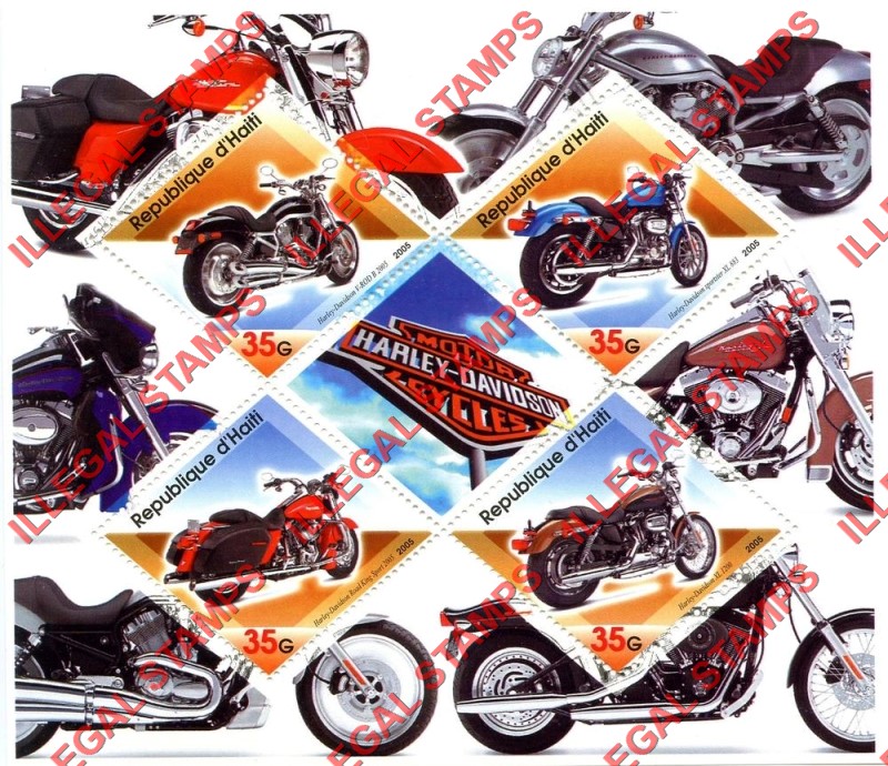 Haiti 2005 Harley Davidson Motorcycles Illegal Stamp Souvenir Sheet of 4 Plus Label Haiti 2005 Harley Davidson Motorcycles Illegal Stamp Souvenir Sheet of 4 Plus Label