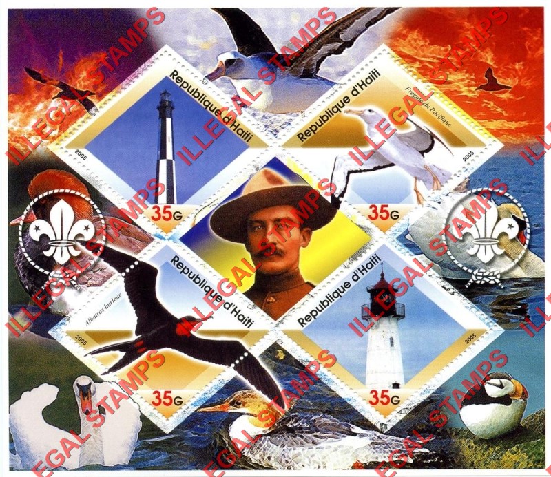 Haiti 2005 Lighthouses Birds Scouts Logo's Illegal Stamp Souvenir Sheet of 4 Plus Baden Powell Label Haiti 2005 Lighthouses Birds Scouts Logo's Illegal Stamp Souvenir Sheet of 4 Plus Baden Powell Label