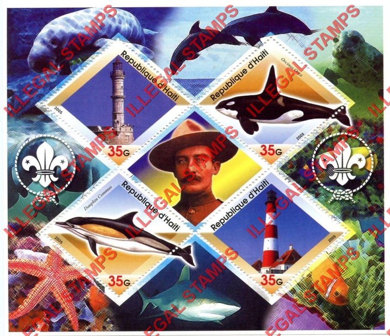 Haiti 2005 Lighthouses Dolphin Orca Scouts Logo's Illegal Stamp Souvenir Sheet of 4 Plus Baden Powell Label Haiti 2005 Lighthouses Dolphin Orca Scouts Logo's Illegal Stamp Souvenir Sheet of 4 Plus Baden Powell Label