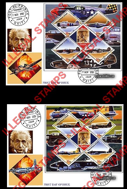 Haiti 2005 Military Aircraft Illegal Stamp Souvenir Sheets of 4 Plus Albert Einstein Label on Fake First Day Covers Haiti 2005 Military Aircraft Illegal Stamp Souvenir Sheets of 4 Plus Albert Einstein Label on Fake First Day Covers