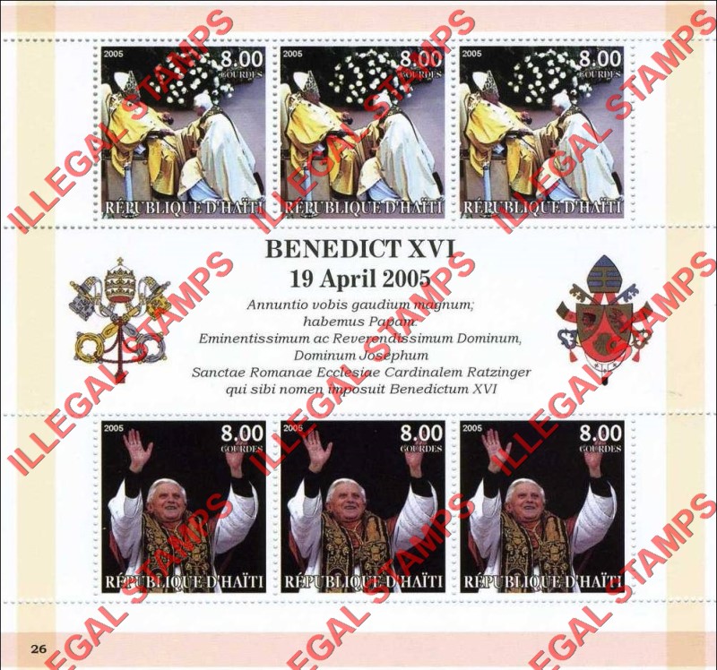 Haiti 2005 Pope Benedict XVI Illegal Stamp Souvenir Sheet of 6 eight gourdes Haiti 2005 Pope Benedict XVI Illegal Stamp Souvenir Sheet of 6 eight gourdes
