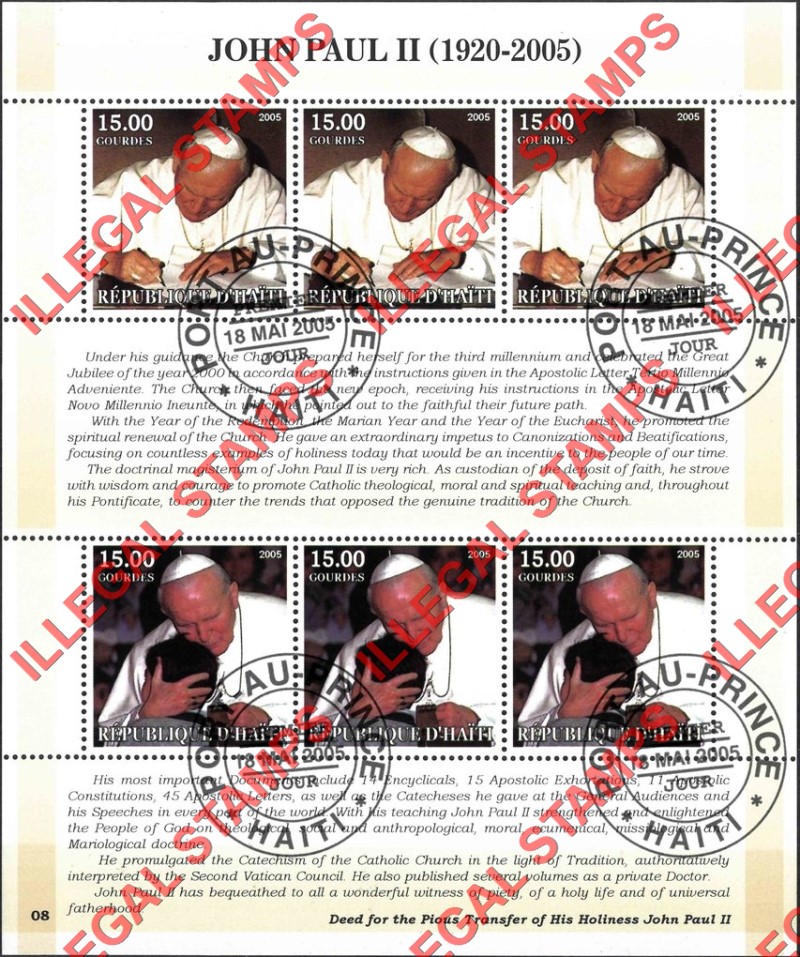 Haiti 2005 Pope John Paul II Illegal Stamp Souvenir Sheet of 6 fifteen gourdes Haiti 2005 Pope John Paul II Illegal Stamp Souvenir Sheet of 6 fifteen gourdes