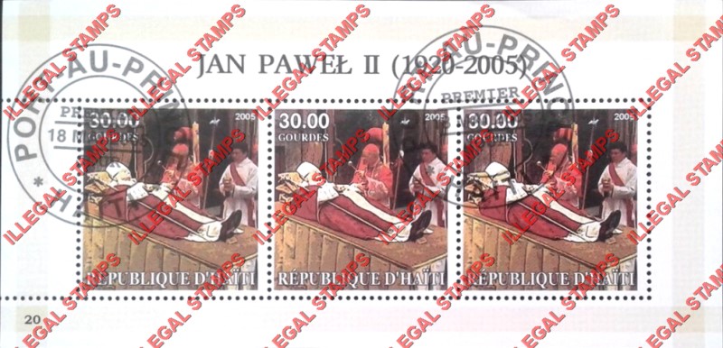 Haiti 2005 Pope John Paul II Illegal Stamp Souvenir Sheet of 3 thirty gourdes Haiti 2005 Pope John Paul II Illegal Stamp Souvenir Sheet of 3 thirty gourdes