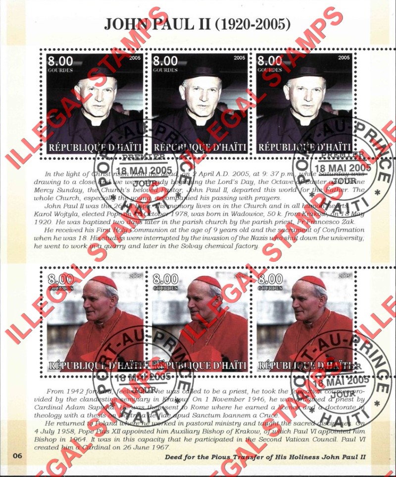 Haiti 2005 Pope John Paul II Illegal Stamp Souvenir Sheet of 6 eight gourdes Haiti 2005 Pope John Paul II Illegal Stamp Souvenir Sheet of 6 eight gourdes