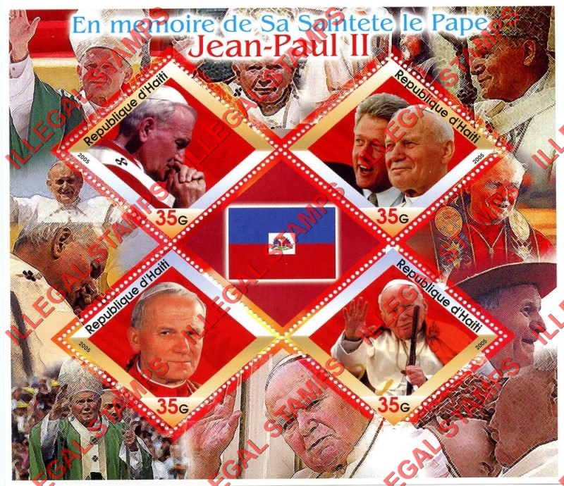 Haiti 2005 Pope John Paul II Illegal Stamp Souvenir Sheet of 4 Plus Label Haiti 2005 Pope John Paul II Illegal Stamp Souvenir Sheet of 4 Plus Label