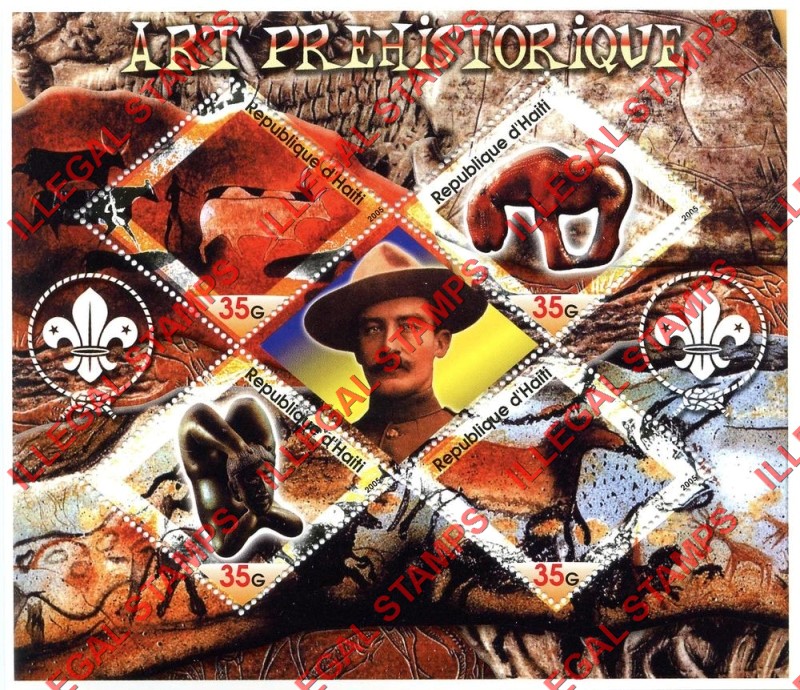 Haiti 2005 Prehistoric Art Scouts Logo's Illegal Stamp Souvenir Sheet of 4 Plus Baden Powell Label Haiti 2005 Prehistoric Art Scouts Logo's Illegal Stamp Souvenir Sheet of 4 Plus Baden Powell Label