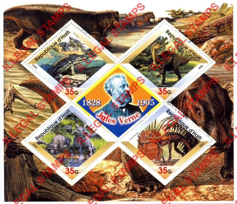 Haiti 2005 Prehistoric Dinosaurs Illegal Stamp Souvenir Sheet of 4 Plus Jules Verne Label Haiti 2005 Prehistoric Dinosaurs Illegal Stamp Souvenir Sheet of 4 Plus Jules Verne Label