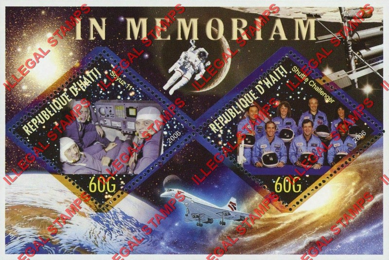 Haiti 2006 Space Memoriam for Soyuz 11 and Space Shuttle Challenger Illegal Stamp Souvenir Sheet of 2 Haiti 2006 Space Memoriam for Soyuz 11 and Space Shuttle Challenger Illegal Stamp Souvenir Sheet of 2
