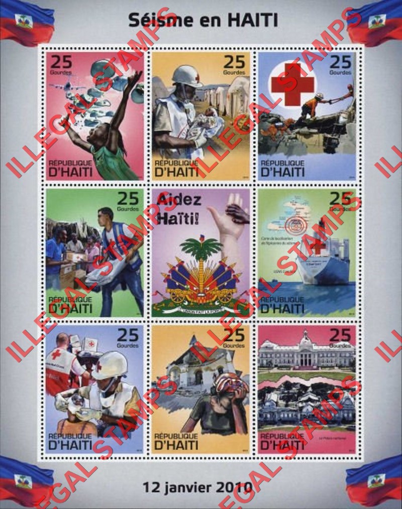 Haiti 2010 Earthquake in Haiti Red Cross Relief Illegal Stamp Souvenir Sheet of 8 Plus 1 Label Haiti 2010 Earthquake in Haiti Red Cross Relief Illegal Stamp Souvenir Sheet of 8 Plus 1 Label