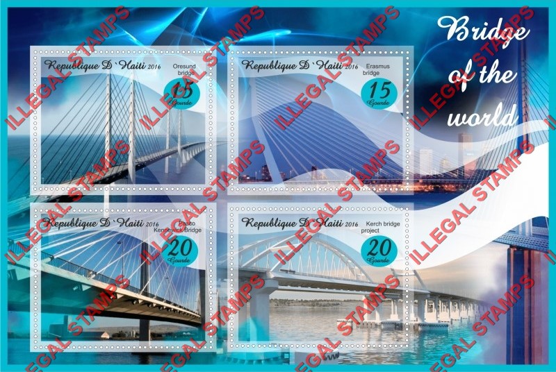 Haiti 2016 Bridges of the World Illegal Stamp Souvenir Sheet of 4 Haiti 2016 Bridges of the World Illegal Stamp Souvenir Sheet of 4