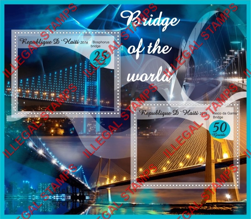 Haiti 2016 Bridges of the World Illegal Stamp Souvenir Sheet of 2 Haiti 2016 Bridges of the World Illegal Stamp Souvenir Sheet of 2
