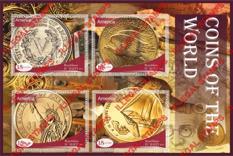 Haiti 2016 Coins of the World Illegal Stamp Souvenir Sheet of 4 Haiti 2016 Coins of the World Illegal Stamp Souvenir Sheet of 4