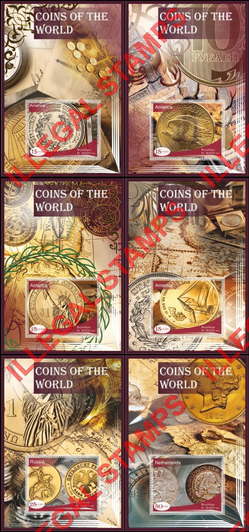 Haiti 2016 Coins of the World Illegal Stamp Souvenir Sheets of 1 Haiti 2016 Coins of the World Illegal Stamp Souvenir Sheets of 1