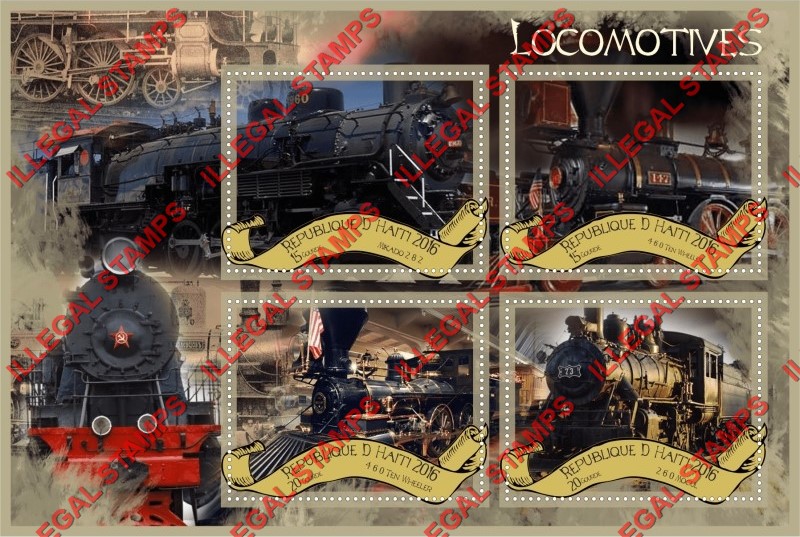 Haiti 2016 Locomotives Illegal Stamp Souvenir Sheet of 4 Haiti 2016 Locomotives Illegal Stamp Souvenir Sheet of 4