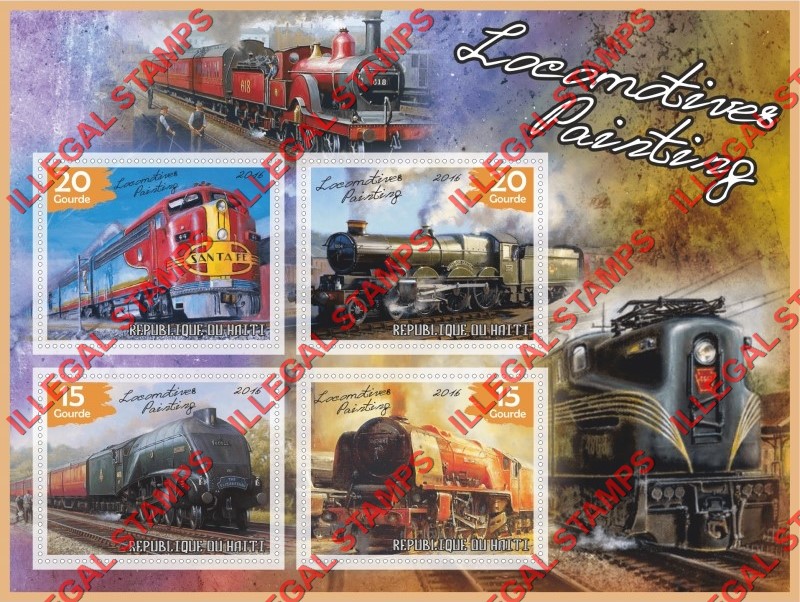 Haiti 2016 Locomotives Paintings Illegal Stamp Souvenir Sheet of 4 Haiti 2016 Locomotives Paintings Illegal Stamp Souvenir Sheet of 4