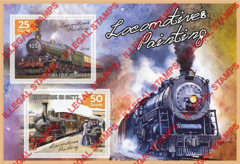 Haiti 2016 Locomotives Paintings Illegal Stamp Souvenir Sheet of 2 Haiti 2016 Locomotives Paintings Illegal Stamp Souvenir Sheet of 2