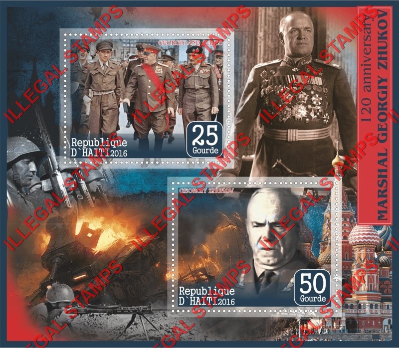 Haiti 2016 Marshal Georgiy Zhukov Illegal Stamp Souvenir Sheet of 2 Haiti 2016 Marshal Georgiy Zhukov Illegal Stamp Souvenir Sheet of 2