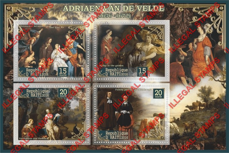 Haiti 2016 Paintings by Adriaen Van de Velde Illegal Stamp Souvenir Sheet of 4 Haiti 2016 Paintings by Adriaen Van de Velde Illegal Stamp Souvenir Sheet of 4