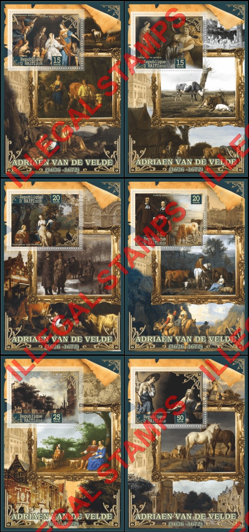 Haiti 2016 Paintings by Adriaen Van de Velde Illegal Stamp Souvenir Sheets of 1 Haiti 2016 Paintings by Adriaen Van de Velde Illegal Stamp Souvenir Sheets of 1