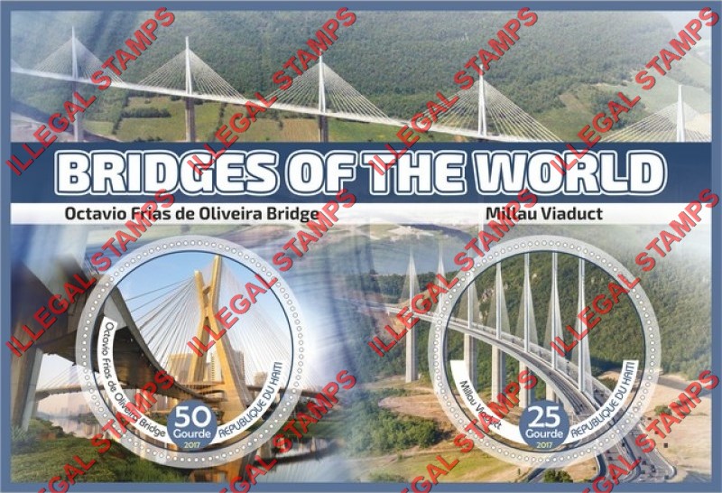 Haiti 2017 Bridges of the World Illegal Stamp Souvenir Sheet of 2 Haiti 2017 Bridges of the World Illegal Stamp Souvenir Sheet of 2