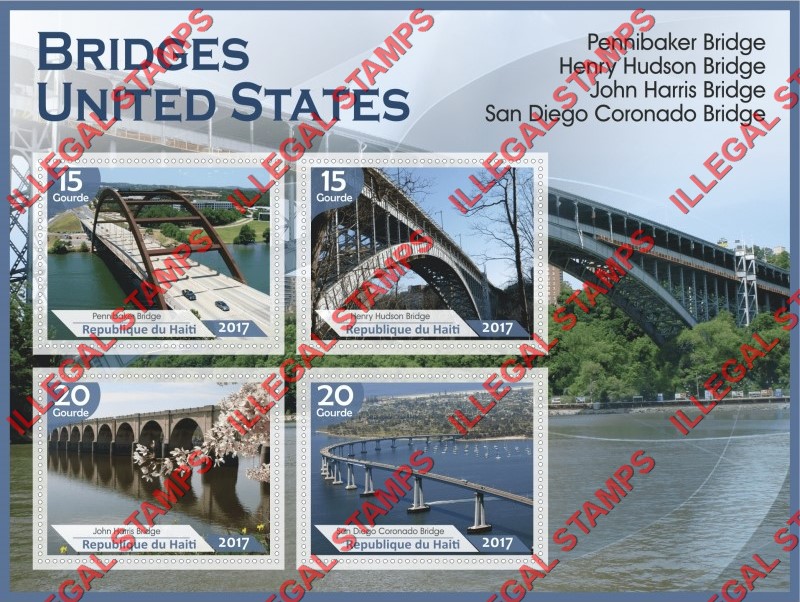 Haiti 2017 Bridges in the United States Illegal Stamp Souvenir Sheet of 4 Haiti 2017 Bridges in the United States Illegal Stamp Souvenir Sheet of 4