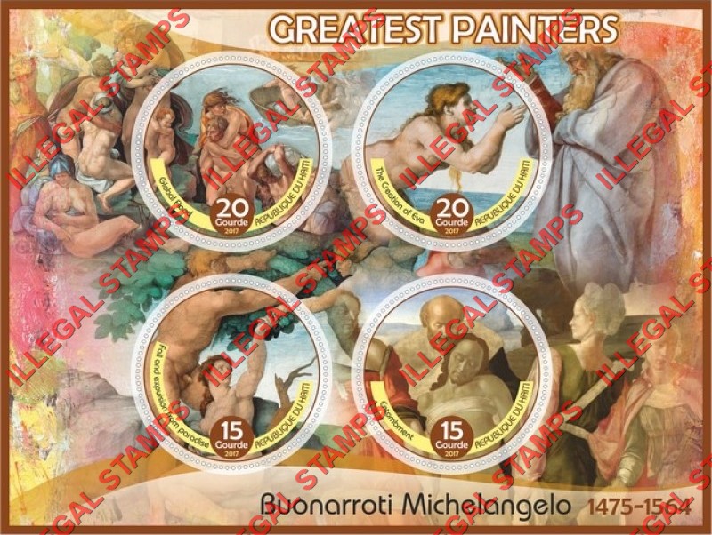 Haiti 2017 Greatest Painters Buonarroti Michelangelo Paintings Illegal Stamp Souvenir Sheet of 4 Haiti 2017 Greatest Painters Buonarroti Michelangelo Paintings Illegal Stamp Souvenir Sheet of 4