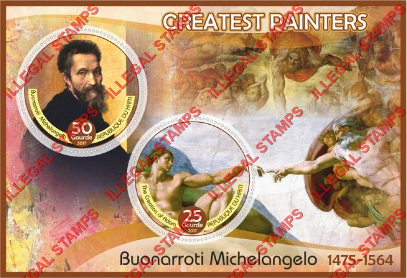 Haiti 2017 Greatest Painters Buonarroti Michelangelo Paintings Illegal Stamp Souvenir Sheet of 2 Haiti 2017 Greatest Painters Buonarroti Michelangelo Paintings Illegal Stamp Souvenir Sheet of 2