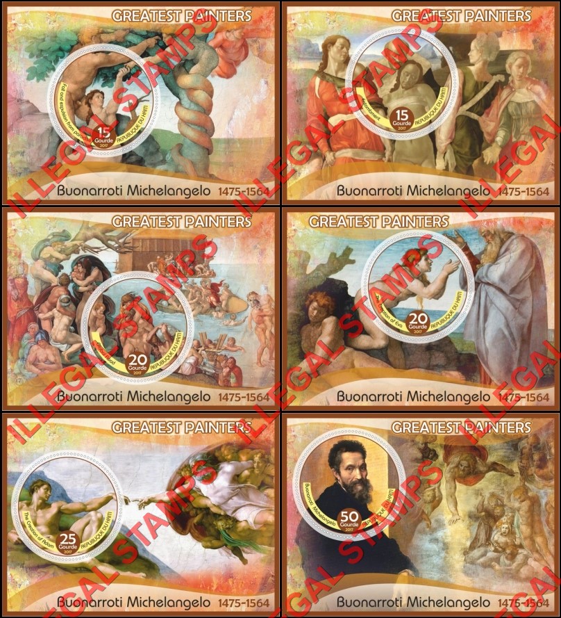 Haiti 2017 Greatest Painters Buonarroti Michelangelo Paintings Illegal Stamp Souvenir Sheets of 1 Haiti 2017 Greatest Painters Buonarroti Michelangelo Paintings Illegal Stamp Souvenir Sheets of 1